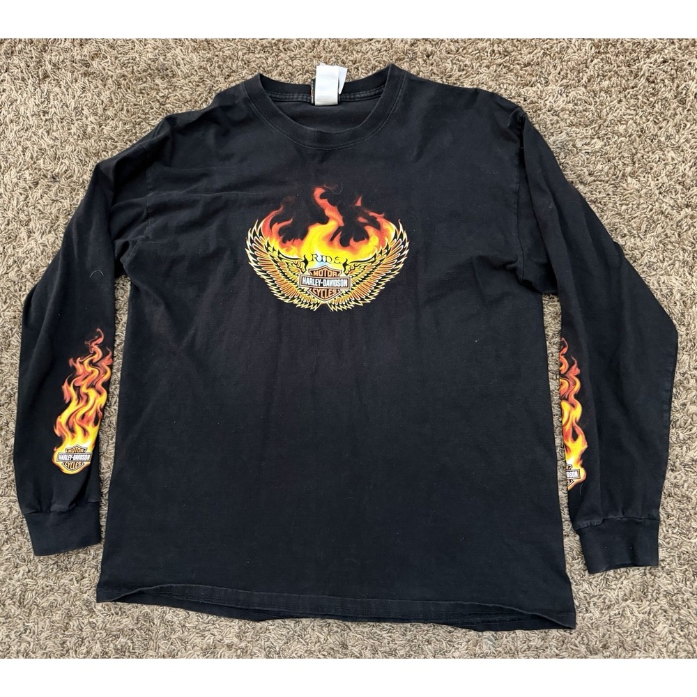 Vintage Harley Davidson Ride Wings Flame Long sleeve Black Shirt Size Large